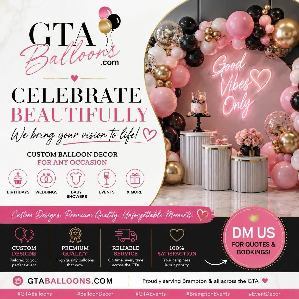 Pink, black and gold balloon décor: Celebrate Beautifully